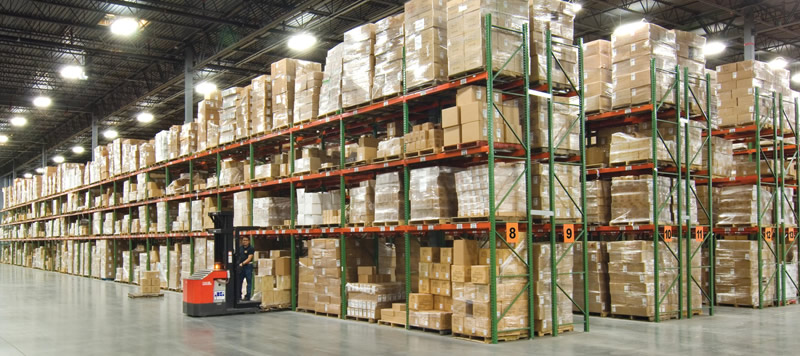 Illustrative pallet rack aisles in a warehouse